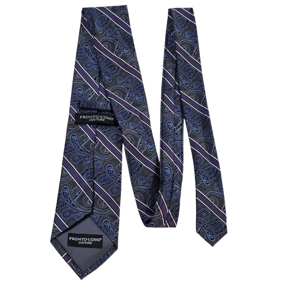 PRONTO UOMO Silk Paisley Stripe Necktie Blue Purple Men's Formal Wear Designer